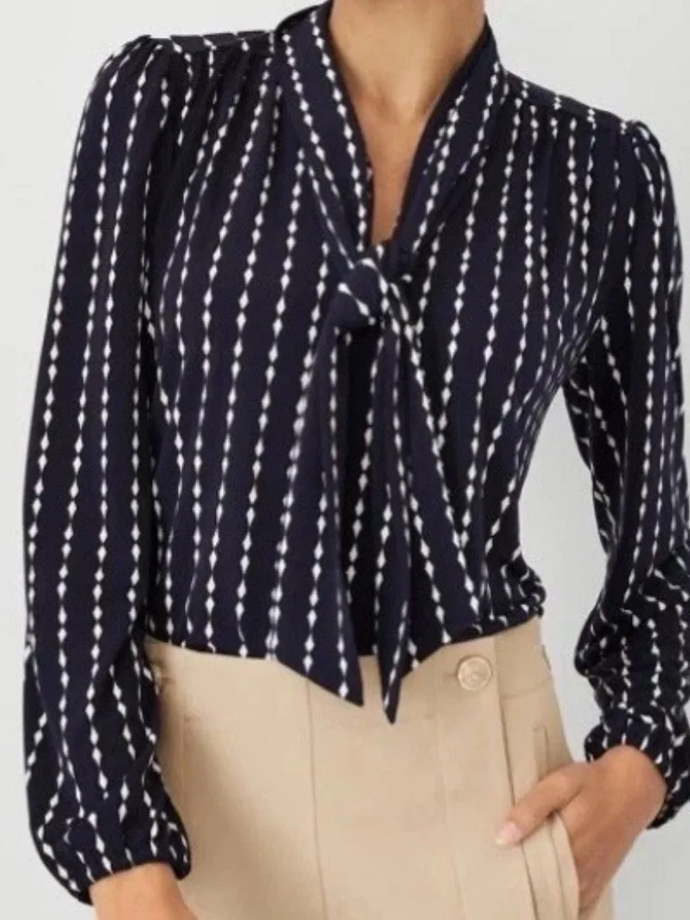 ANN TAYLOR Geo Blouson Knit Tie Neck Top & Pleated Midi Skirt Classic Dress New